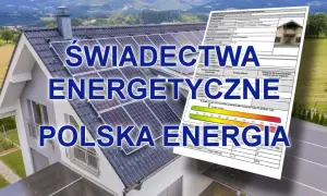 Świadectwo energetyczne mieszkania z panelami słonecznymi na dachu. Dokument potwierdza efektywność energetyczną budynku.