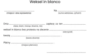 Formularz weksla in blanco do wypełnienia. Zawiera pola na miejsce i datę wystawienia, sumę wekslową, datę, kwotę słownie, miejsce płatności oraz podpis wystawcy.
