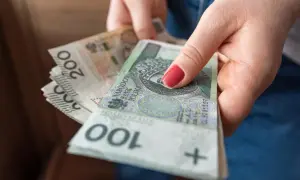 Dłonie trzymają stos polskich banknotów 100 i 200 zł. Czas na przelew podatkowy.