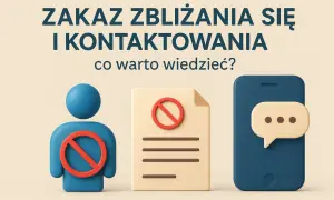 Zakaz zbliżania się i kontaktowania. Ikony: człowiek, dokument, telefon.