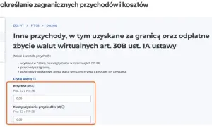 Formularz PIT-38, sekcja "Inne przychody", z polami na przychód i koszty uzyskania przychodów (zł).