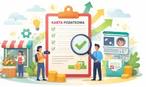 Karta podatkowa z zaznaczonymi punktami, lupa, monety i rosnące strzałki symbolizują sukces w biznesie.