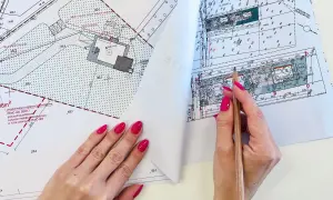 Ręka z różowymi paznokciami wskazuje ołówek na mapie do celów projektowych, gdzie widoczne są plany budowy przyłącza wodociągowego.