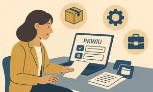 Kobieta przy laptopie z napisem PKWIU. Ikony pudełka, biegu i teczki sugerują, że chodzi o klasyfikację działalności, np. przy rozliczaniu podatku od czynności cywilnoprawnych.