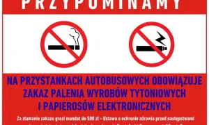Przypominamy: na przystankach autobusowych obowiązuje zakaz palenia wyrobów tytoniowych i papierosów elektronicznych. Grozi mandat.