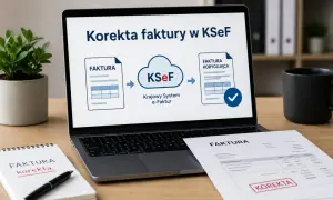 Diagram na ekranie laptopa pokazuje proces korekty faktury w KSeF. Obok leży notatnik z napisem "FAKTURA korekta" i wydrukowana faktura z pieczątką "KOREKTA".