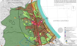 Plan zagospodarowania przestrzennego dla Sopotu, pokazujący tereny zielone (R-6), zabudowę (M) i infrastrukturę.
