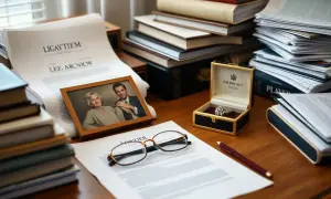 Spadek po rodzicach: dokumenty, zdjęcie pary, pierścionek w szkatułce i okulary na biurku.