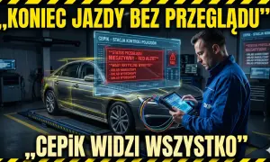 Mechanik sprawdza auto na stacji diagnostycznej. Na ekranie widnieje komunikat o negatywnym statusie przeglądu i wykrytych wadach, sugerując, że CEPiK widzi wszystko.