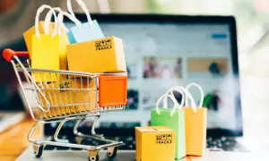 Wózek z zakupami online pełen paczek i torebek. Kupujący ma pewność co do jakości i możliwości zwrotu, czyli rękojmia.