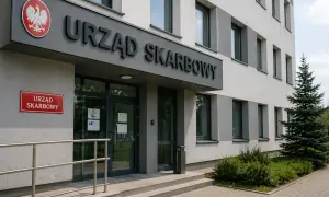Wejście do Urzędu Skarbowego. Budynek z szarym napisem "URZĄD SKARBOWY" i godłem Polski. Obok drzewo i krzewy.