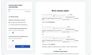 Formularz tworzenia umowy najmu lokalu mieszkalnego. Wpisujesz dane wynajmującego i najemcy.