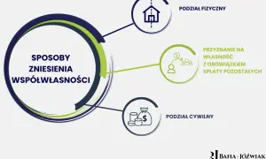 Diagram przedstawia sposoby zniesienia współwłasności: podział fizyczny, przyznanie na własność z obowiązkiem spłaty oraz podział cywilny.