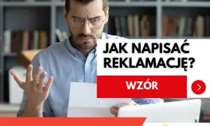Zmarszczony mężczyzna z dokumentem w ręku, tekst "JAK NAPISAĆ REKLAMACJĘ? WZÓR" i logo "CZERWONA SKARBONKA".