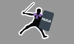 Sylwetka policjanta z tarczą i pałką, gotowa do akcji. Czy otrzyma mandat za swoje działania?