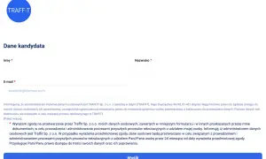 Formularz rekrutacyjny TRAFFIT. Pola na imię, nazwisko, e-mail. Klauzula CV zgoda na przetwarzanie danych osobowych.