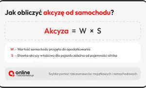 Jak obliczyć akcyzę od samochodu? Wzór: Akcyza = Wartość samochodu × Stawka akcyzy. Pomoc rzeczoznawcy.