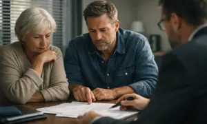 Para omawia z prawnikiem umowę dożywocia, skupiając się na szczegółach dokumentu.