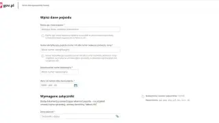 Formularz do zgłoszenia zbycia pojazdu, wymaga podania danych pojazdu, numeru VIN, dotychczasowego numeru rejestracyjnego i daty zbycia. Możliwość dodania załączników w formacie PDF.