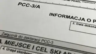 Fragment deklaracji PCC-3/A, dotyczącej podatku od wzbogacenia. Widoczne pola: "INFORMACJA O P", "2. Data dokonana", "Załącznik do deklaracji PCC-3", "A. MIEJSCE I CEL SKŁADANIA", "4. Urząd skarbowy".