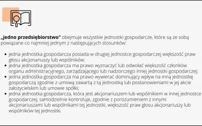 Ikona książki i tekstu o "jednym przedsiębiorstwie", które obejmuje powiązane jednostki gospodarcze. Zasady te dotyczą nawet drobnych spraw, czyli de minimis.