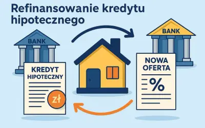 Ilustracja pokazuje przeniesienie kredytu hipotecznego. Dom symbolizuje właściciela, który przenosi kredyt z jednego banku do drugiego, szukając lepszej oferty.