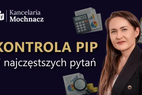 Kobieta w garniturze i grafiki z kalkulatorem, wykresami i monetami. Temat: Kontrola PIP. Poradnik dla firm.