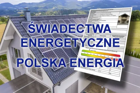 Świadectwo energetyczne mieszkania z panelami słonecznymi na dachu. Dokument potwierdza efektywność energetyczną budynku.