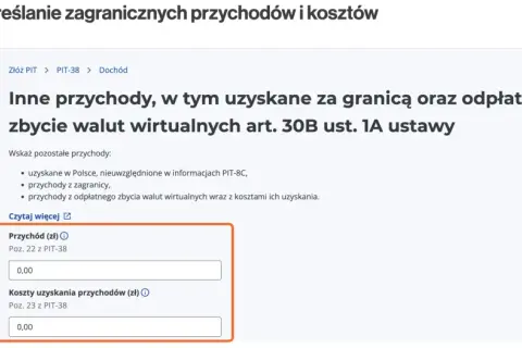 Formularz PIT-38, sekcja "Inne przychody", z polami na przychód i koszty uzyskania przychodów (zł).