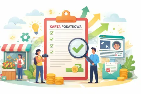 Karta podatkowa z zaznaczonymi punktami, lupa, monety i rosnące strzałki symbolizują sukces w biznesie.