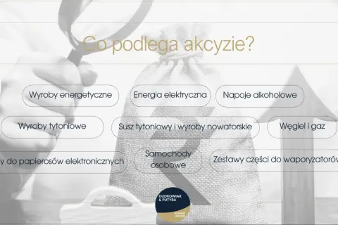 Grafika pokazuje, co podlega akcyzie, w tym napoje alkoholowe, wyroby tytoniowe i energetyczne.