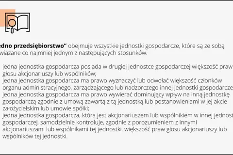 Ikona książki i tekstu o "jednym przedsiębiorstwie", które obejmuje powiązane jednostki gospodarcze. Zasady te dotyczą nawet drobnych spraw, czyli de minimis.
