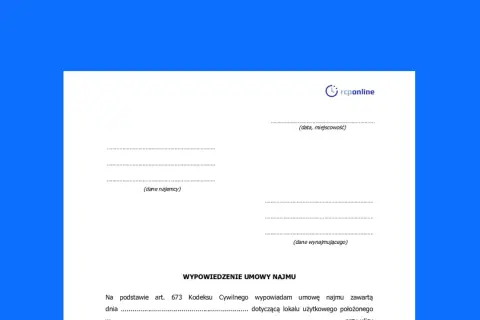 Formularz wypowiedzenie umowy najmu. Dokument zawiera pola na dane najemcy, wynajmującego, datę i miejscowość.