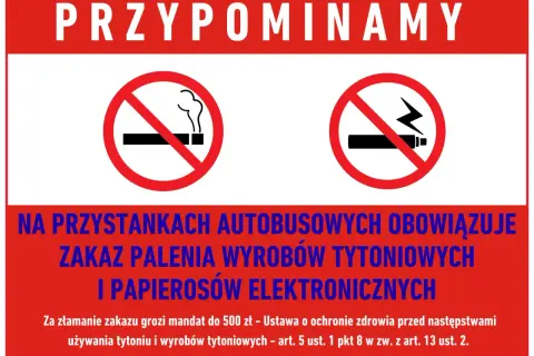 Przypominamy: na przystankach autobusowych obowiązuje zakaz palenia wyrobów tytoniowych i papierosów elektronicznych. Grozi mandat.
