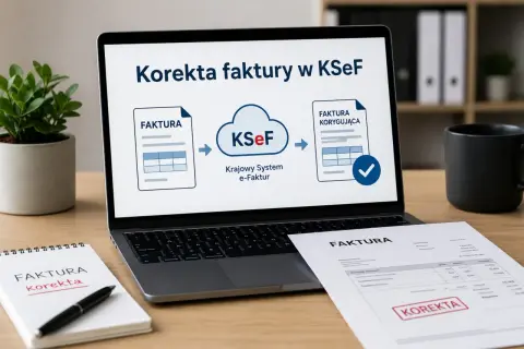 Diagram na ekranie laptopa pokazuje proces korekty faktury w KSeF. Obok leży notatnik z napisem "FAKTURA korekta" i wydrukowana faktura z pieczątką "KOREKTA".