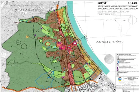 Plan zagospodarowania przestrzennego dla Sopotu, pokazujący tereny zielone (R-6), zabudowę (M) i infrastrukturę.