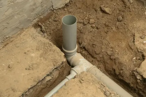 Wykonano przyłącze wody. Szare rury kanalizacyjne ułożone w wykopie, otoczone ziemią i fragmentami betonu.