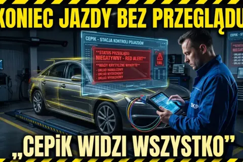 Mechanik sprawdza auto na stacji diagnostycznej. Na ekranie widnieje komunikat o negatywnym statusie przeglądu i wykrytych wadach, sugerując, że CEPiK widzi wszystko.