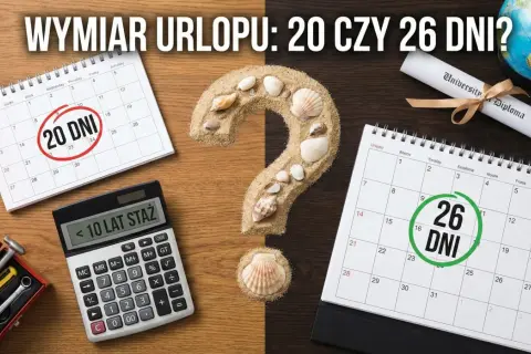 Kalkulator, kalendarze z zaznaczonymi 20 i 26 dniami urlopu, dyplom i piasek z muszlami. Ile dni urlopu przysługuje?
