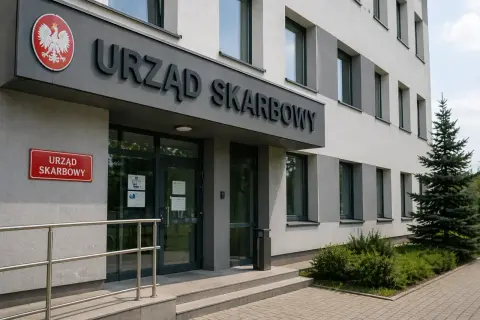 Wejście do Urzędu Skarbowego. Budynek z szarym napisem "URZĄD SKARBOWY" i godłem Polski. Obok drzewo i krzewy.