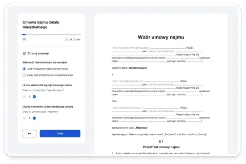 Formularz tworzenia umowy najmu lokalu mieszkalnego. Wpisujesz dane wynajmującego i najemcy.
