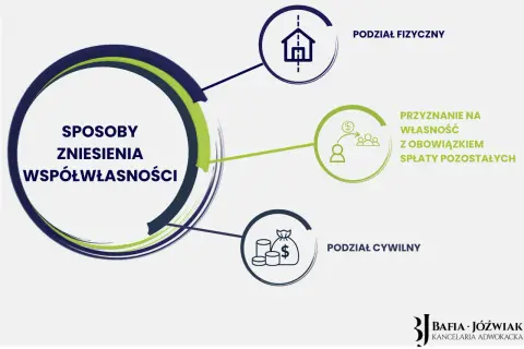 Diagram przedstawia sposoby zniesienia współwłasności: podział fizyczny, przyznanie na własność z obowiązkiem spłaty oraz podział cywilny.