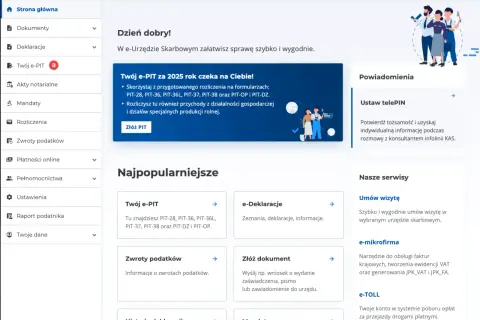 Strona główna e-Urzędu Skarbowego. Możliwość rozliczenia PIT, zwrotu podatków, składania deklaracji i mandaty.