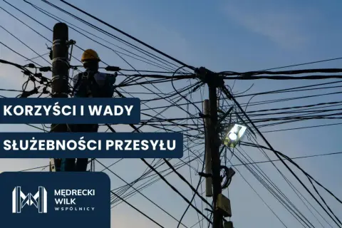 Pracownik przy plątaninie kabli na słupie, nad nim napis "Korzyści i wady służebności przesyłu".
