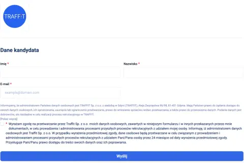 Formularz rekrutacyjny TRAFFIT. Pola na imię, nazwisko, e-mail. Klauzula CV zgoda na przetwarzanie danych osobowych.