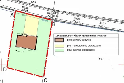 Fragment miejscowego planu zagospodarowania przestrzennego z zaznaczonym projektowanym budynkiem, nawierzchniami utwardzonymi i powierzchnią czynną biologiczną.