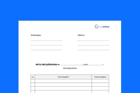 Formularz nota obciążeniowa z polami do wypełnienia dla wystawcy, odbiorcy, tytułu i kwoty obciążenia.