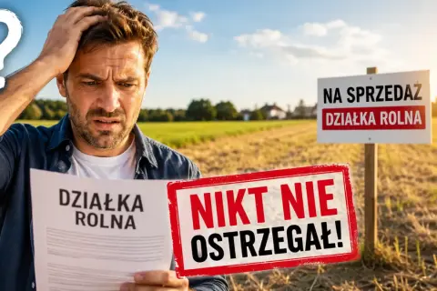 Zdezorientowany mężczyzna trzyma dokument "Działka rolna" obok znaku "NA SPRZEDAŻ DZIAŁKA ROLNA".