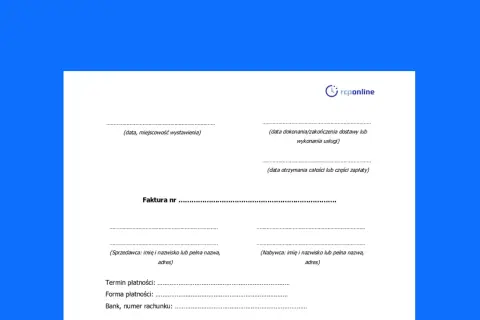 Szablon faktury bez vat. Zawiera pola na datę, numer faktury, dane sprzedawcy i nabywcy, termin płatności oraz bank.