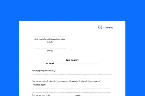 Formularz "Spis z natury" z polami do wypełnienia: nazwa zakładu, data, rodzaj spisu, przedmiot spisu.